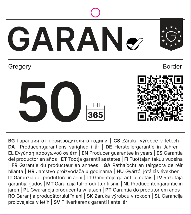 EU GARAN label: producer guarantee of durability in years: 50 – Gregory