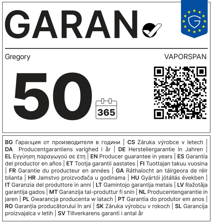 EU GARAN-label: producentengarantie in jaren: 50 – Gregory