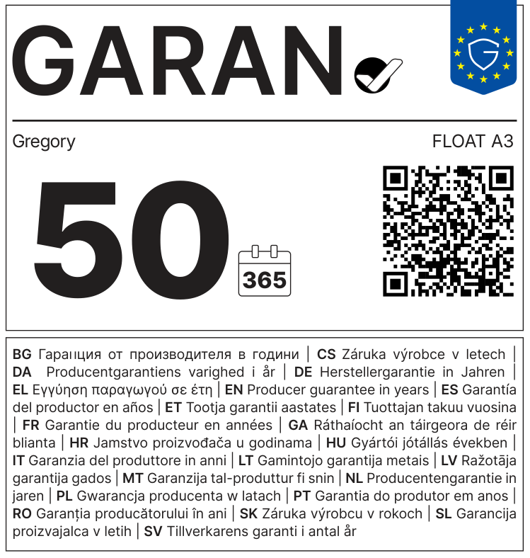 EU-GARAN-Label: Herstellergarantie in Jahren: 50 – Gregory
